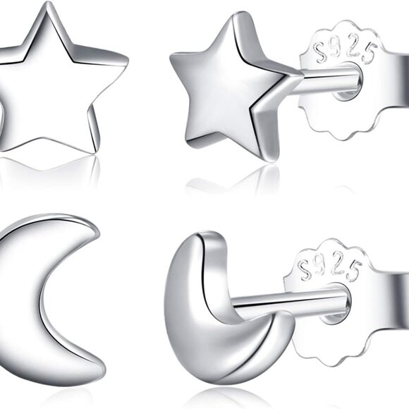 Sterling Silver Stud Earrings Moon Star Dainty Minimalist Gift for Women - Picture 1 of 6